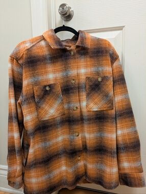 Orange & Brown Plaid Button-Up Shacket
